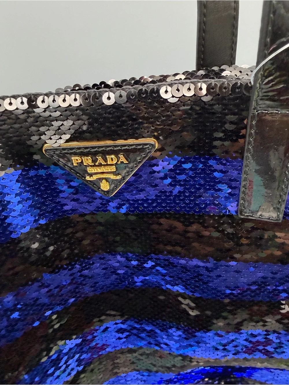 Prada Sequin Stripe Tote in Black and Royal Blue